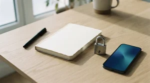 Taccuino senza scritte, lucchetto metallico e telefono con schermo astratto su una scrivania chiara