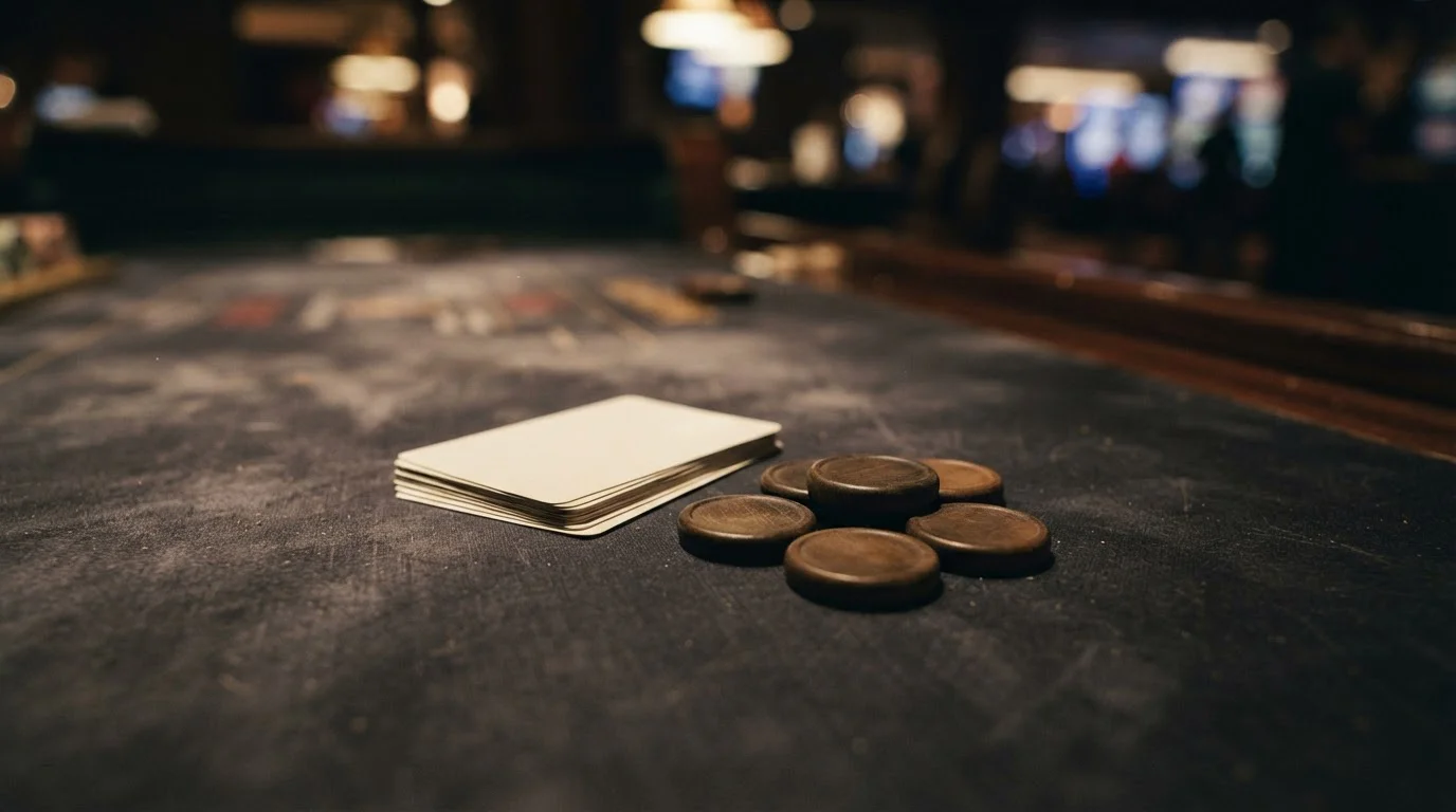 Tavolo da gioco astratto con carte neutre e forme circolari illuminate