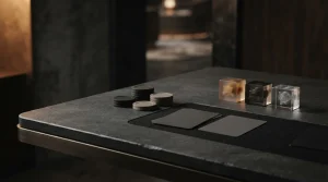 Gettoni astratti, carte coperte e forme geometriche luminose su un tavolo scuro