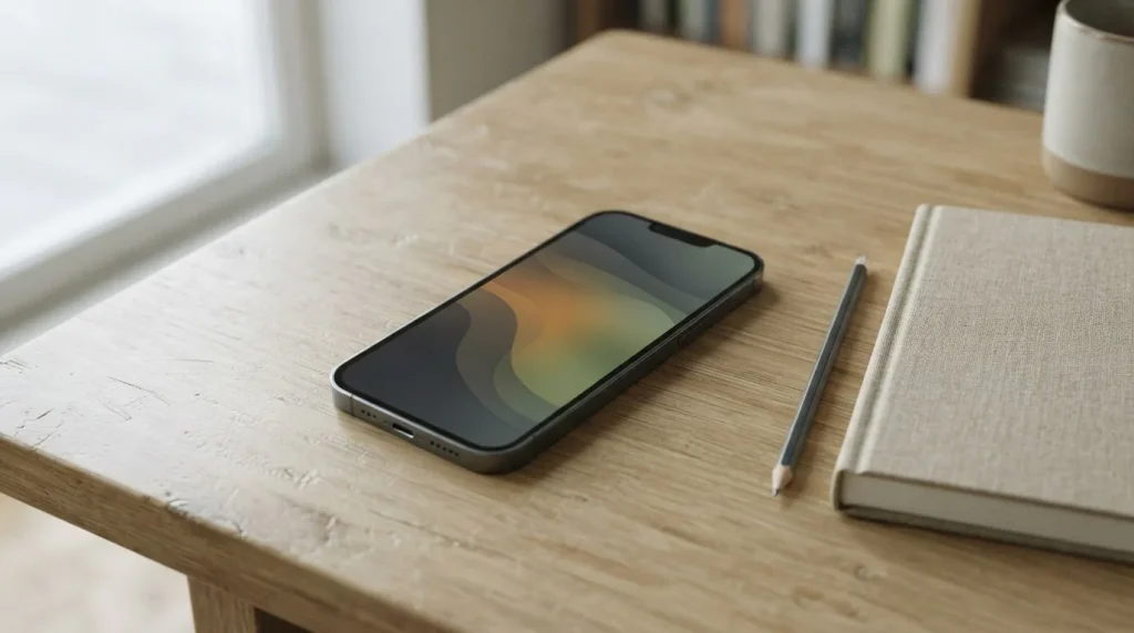 Smartphone su un tavolo chiaro con schermo astratto sfumato accanto a un taccuino chiuso